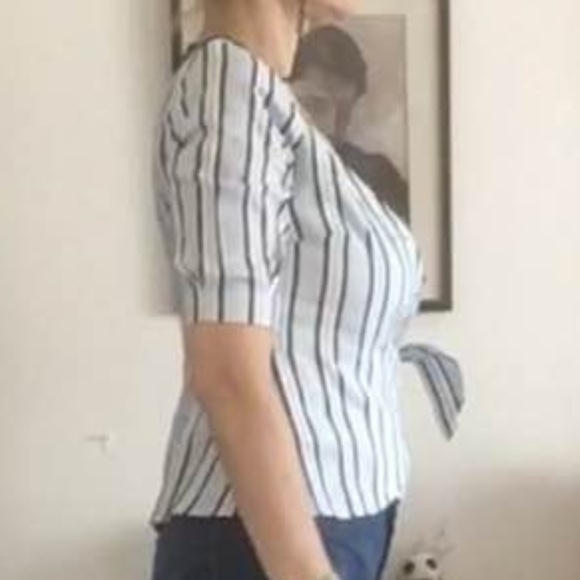 ZARA TRF  crossover 3/4 sleeves shirt pinstripe M - Picture 3 of 8